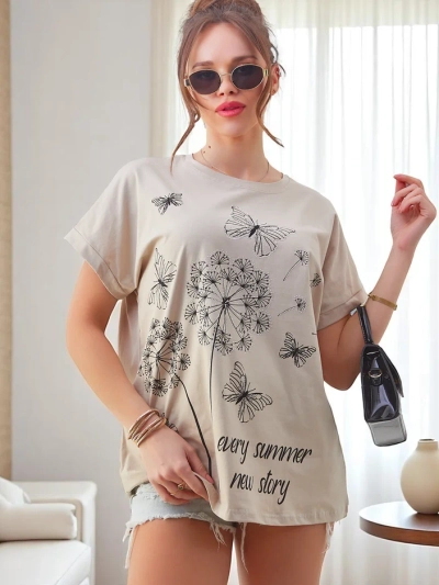 Royalfashion Damen Baumwoll-T-Shirt mit Löwenzahn und einem Schmetterling
