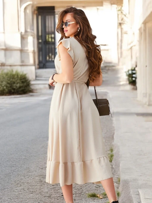 Royalfashion Жіноча міді-сукня з рюшами та короткими рукавами