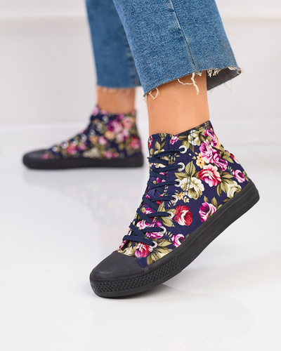 Royalfashion Damen hohe marineblaue Sneakers mit bunten Blumen Soxic