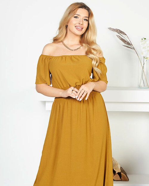 Сукня міді гірчиця з еластичним поясом - Одяг