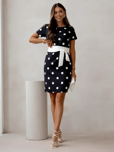 Royalfashion Damen knielanges Kleid mit kurzen Ärmeln und gepunktetem Bindegürtel