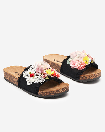 OUTLET Damenhausschuhe mit Stoffblumen in schwarz Ososi-Schuhe