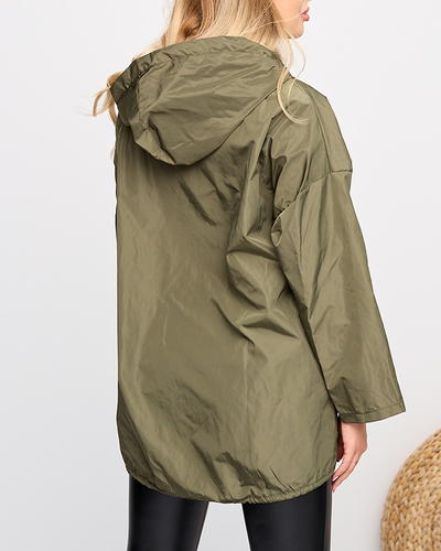 Dunkelgrüne lange Damen-Windjacke mit Aufnäher - Kleidung