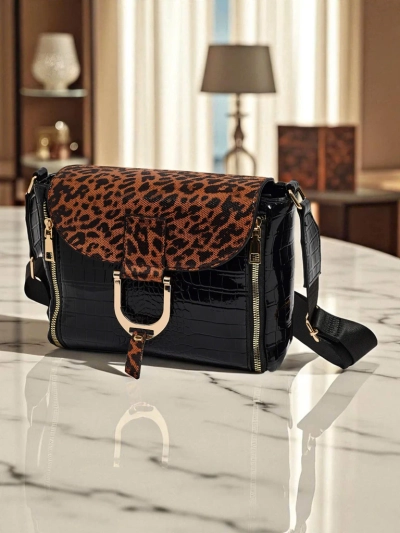 Athena Nero - stilvolle Damen Lack Handtasche mit Panthermuster