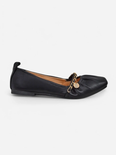 Damen Ballerinas Ariadna Nero – schwarz, flach, Öko-Leder, goldene Verzierung