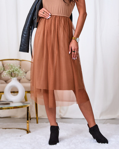 Royalfashion Hellbraunes Damen Midikleid mit Tüll