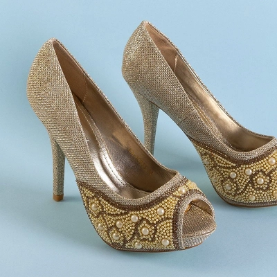 OUTLET Gold glänzende High Heels für Damen mit Zirkonia und Perlen Mira - Footwear