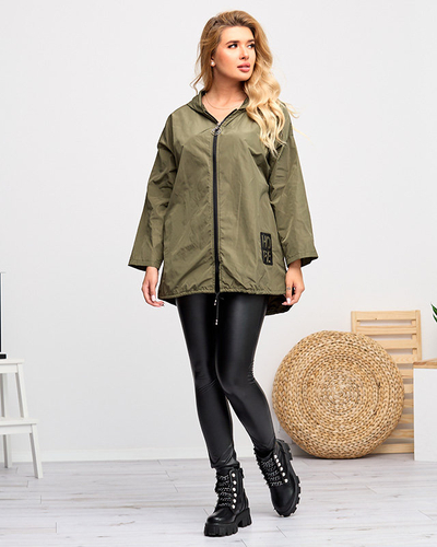 Dunkelgrüne lange Damen-Windjacke mit Aufnäher - Kleidung