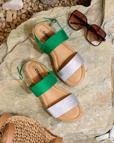 Royalfashion Grüne und silberne flache Sandalen für Damen Rosmier