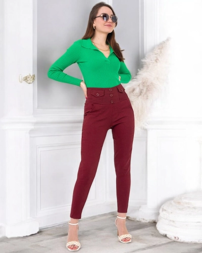 Kastanienbraune Treggings für Damen mit Knöpfen - Kleidung