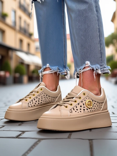 Cleo Ecru Platino – beige Plateausneakers Royalfashion Öko-Leder
