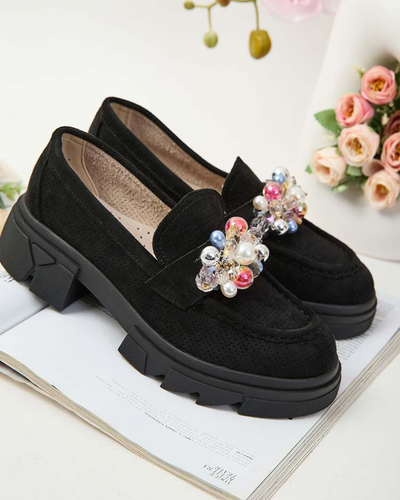 Royalfashion Schwarze Damen Mokassins mit bunten Glam-Kristallen