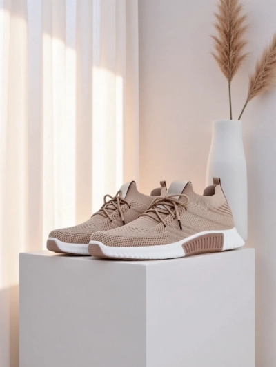 Damen-Sneakers Aristea hellbraun flacher Absatz Stoff 3 cm