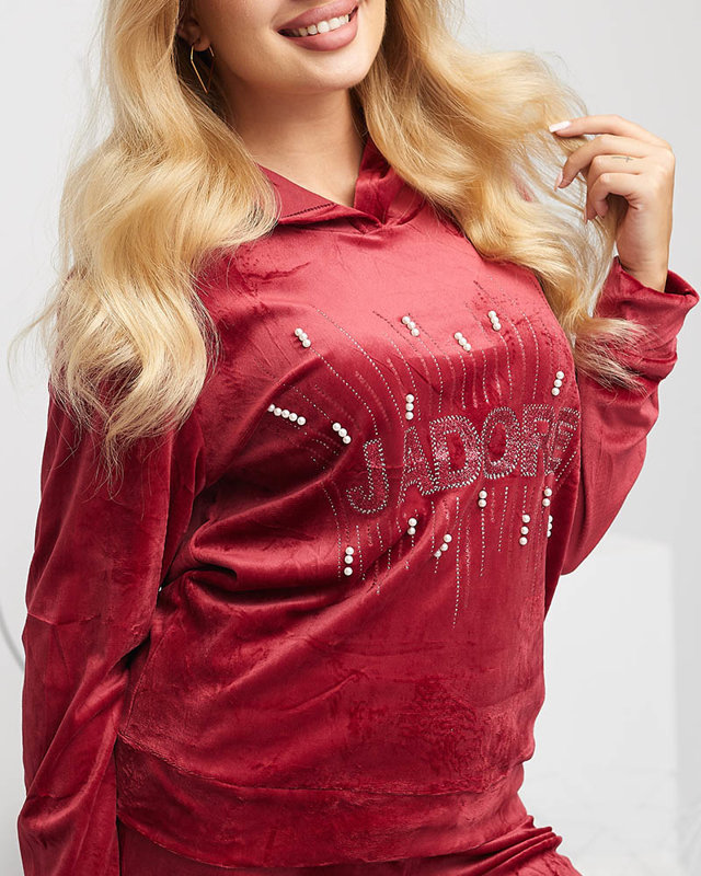 Kastanienbraunes Damen-Sweatshirt-Set mit Aufdruck und Perlen - Kleidung