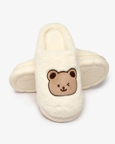 Royalfashion Weiße Damen-Pelzpantoffeln mit Teddybär Hettres