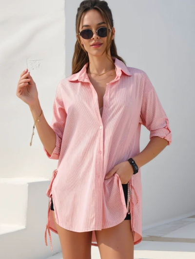 Royalfashion Baumwoll-Langarmshirt für Damen mit Streifen und Taillenkordel