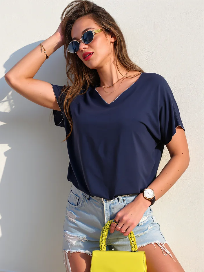 Royalfashion Damen Viskosebluse mit kurzen Ärmeln und Glitzerfinish