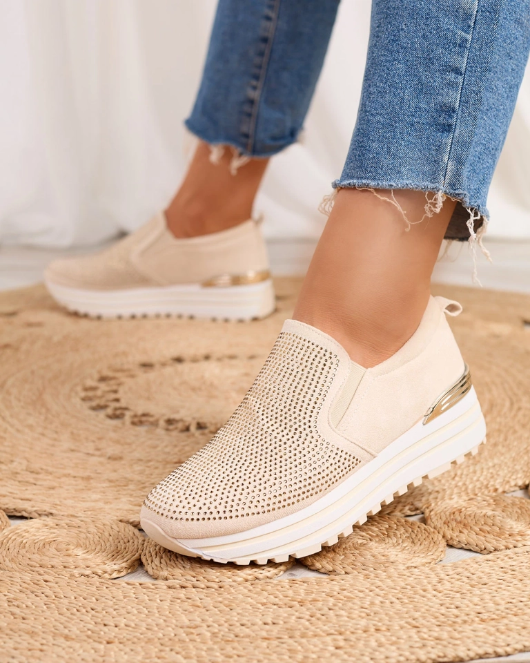 Royalfashion Beige Damen Plateau-Sneakers mit Zirkonen Scavli