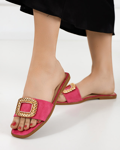 OUTLET Öko-Wildleder-Hausschuhe für Damen in Fuchsia mit goldener Schnalle Lozi. Schuhwerk