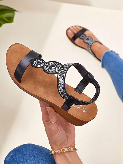 Sandalen Keilabsatz Perseida Royalfashion schwarz aus Eco-Leder mit Kristallen 4,5cm