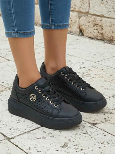 Damen-Sneakers Kalista Nero - schwarze Plateaus aus Öko-Leder, Frühlingskollektion