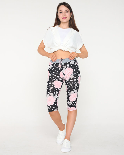 Schwarze 3/4-lange Damen-Shorts mit rosa Blumen - Kleidung