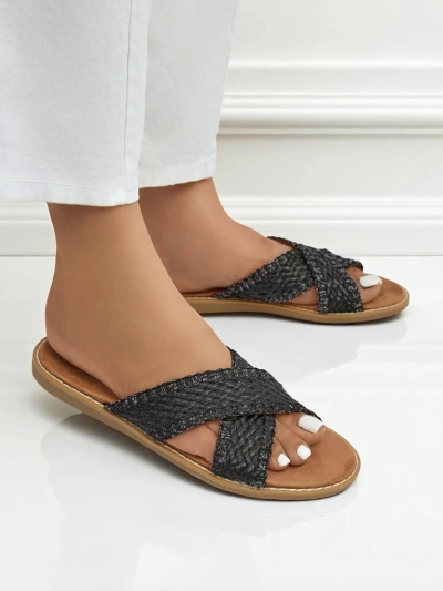 Damen-Sandalen Calista Nero flach, schwarzes Geflecht, Öko-Leder