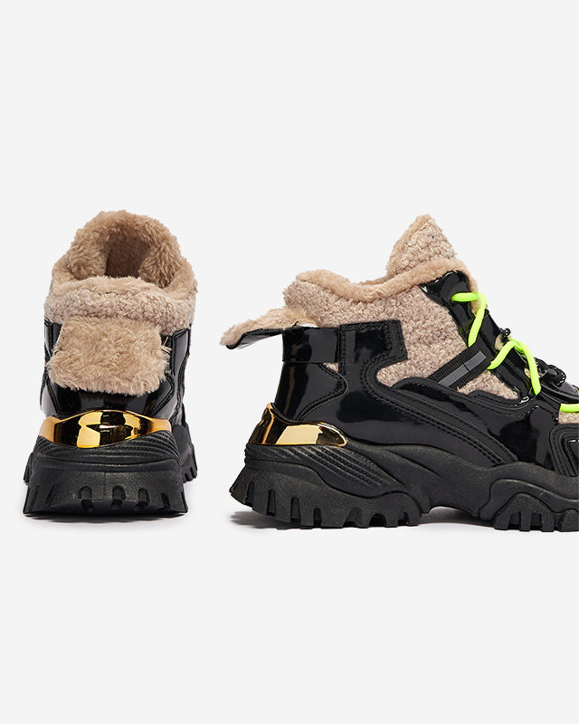 Schwarze Damen-Sportschuhe mit Pelz und neongelben Schnürsenkeln Adbo- Footwear