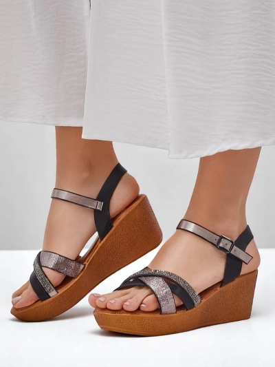 Royalfashion Damen-Wedgesandalen mit Strasssteinen und Glitzer Glittera