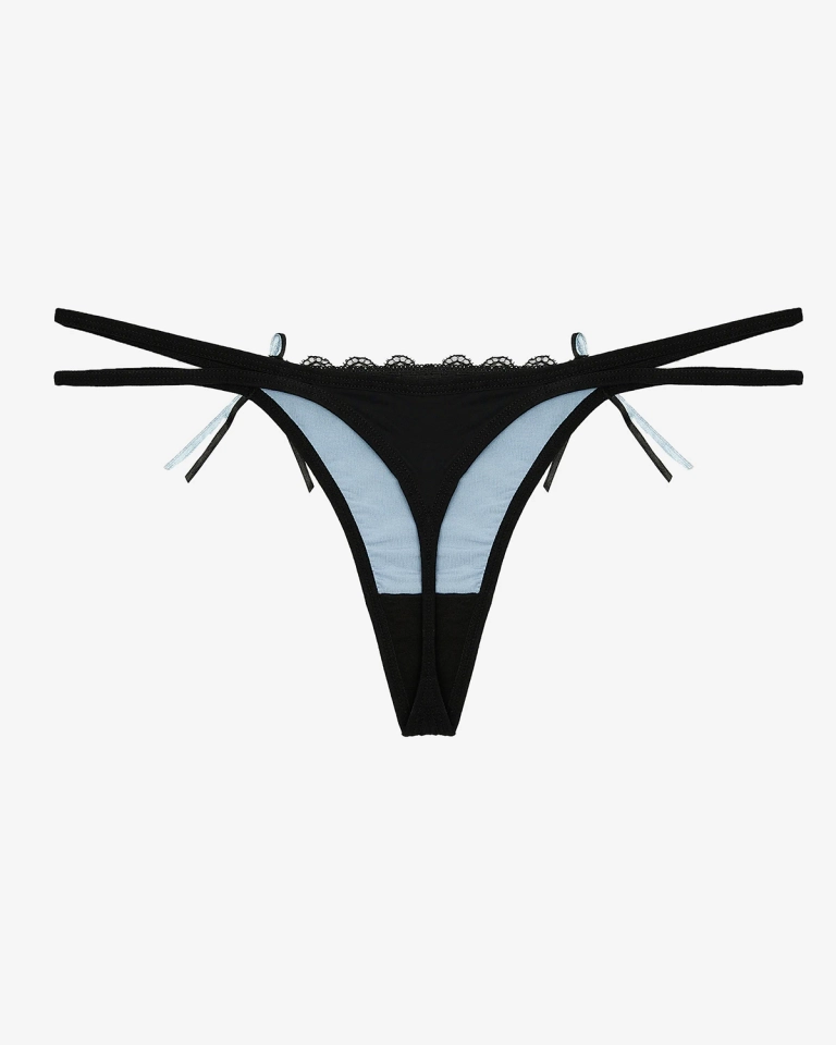 Schwarz-blauer Damen-Tanga mit Spitze und dekorativen Trägern - Unterwäsche