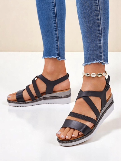 Aurelia Nero – Schwarze Damen Sandalen mit Keilabsatz Royalfashion Öko-Leder