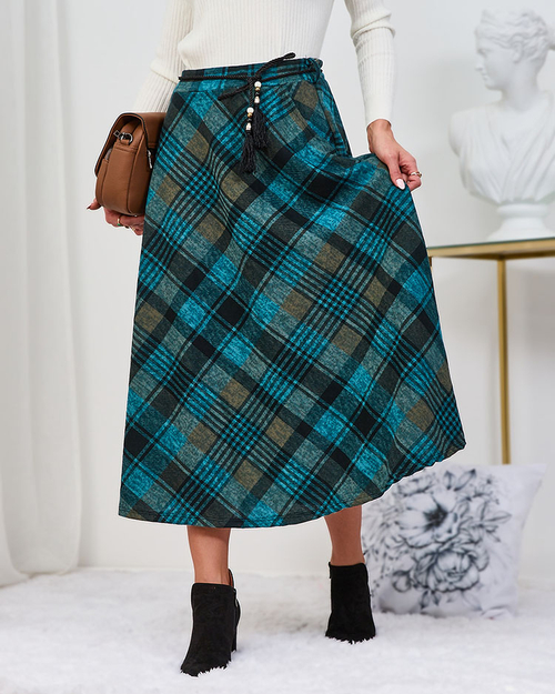 Royalfashion Світло-коричнева та бірюзова жіноча спідниця міді в клітинку