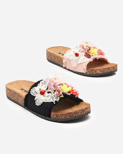 OUTLET Damenhausschuhe mit Stoffblumen in schwarz Ososi-Schuhe