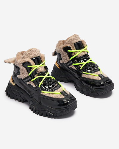 Schwarze Damen-Sportschuhe mit Pelz und neongelben Schnürsenkeln Adbo- Footwear
