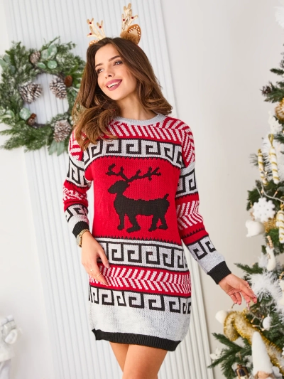 Royalfashion Grau-rotes Damen-Kleid im Pullover-Stil