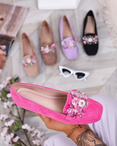 Royalfashion Neon pinke Damen Mokassins mit bunten Kristallen Setmika