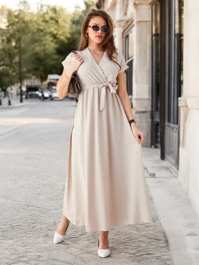 Royalfashion Damen-Midikleid mit Wickelausschnitt, kurzen Ärmeln und einem Gürtel