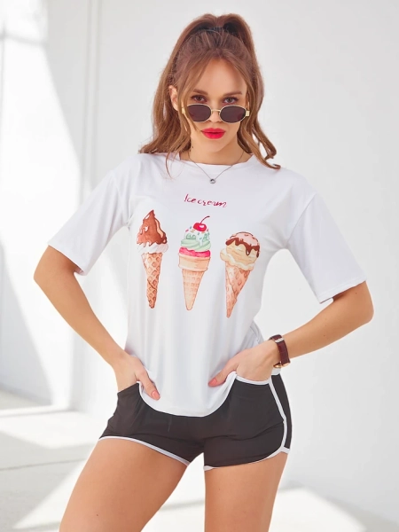 Royalfashion Damen Sportset mit T-Shirt und Shorts Eiscreme
