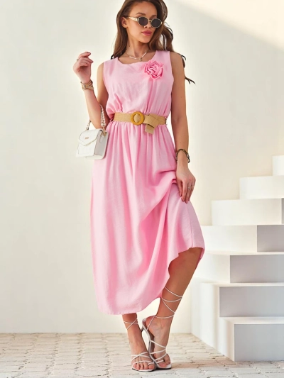 Royalfashion Damen-Midi-Kleid mit Trägern, featuring a round neckline with a decorative flower