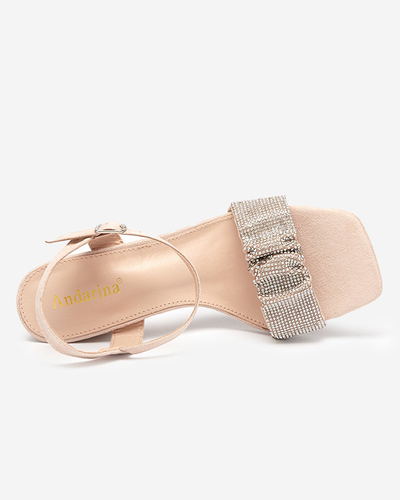 Бежеві жіночі босоніжки на стовпі з фіанітами Трієст - Взуття