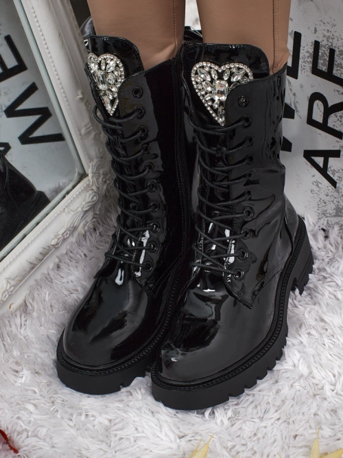 Лаковані шнуровані жіночі ботфорти Emelune
