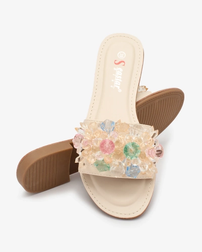 Royalfashion Beige Damen Flip-Flops mit bunten Kristallen Bling Breeze