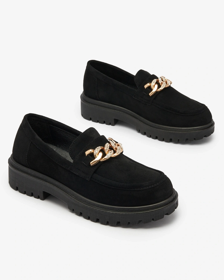 Royalfashion Damen Mokassins in schwarz mit goldenem Ornament Efehhi