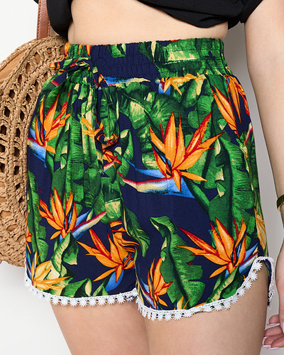 Gemusterte Damen-Shorts in Marineblau und Orange - Kleidung