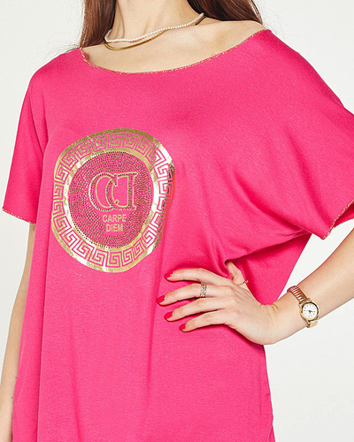 Fuchsia Damen-T-Shirt mit Golddruck und Zirkonia - Kleidung