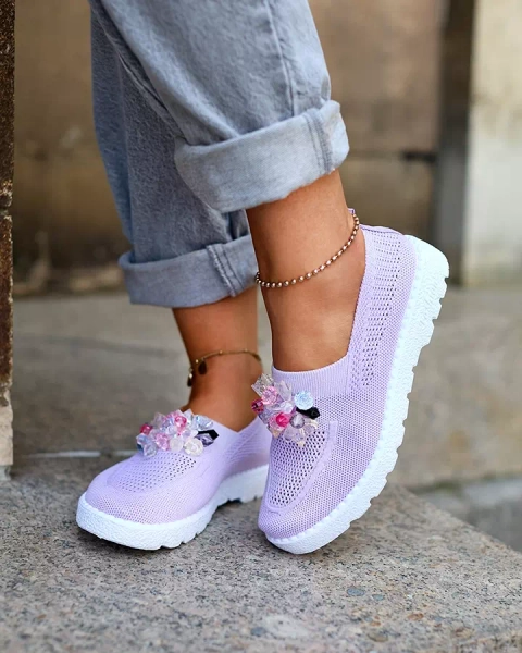 Royalfashion Lila Damen Stoff Mokassins mit Kristallen Fezens