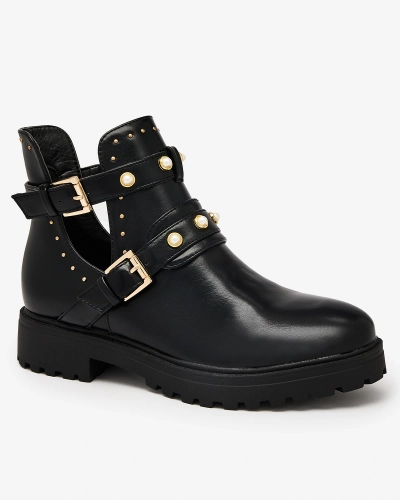 Royalfashion Schwarze Damenstiefel mit flachem Absatz und Verzierungen Pearl Elegance