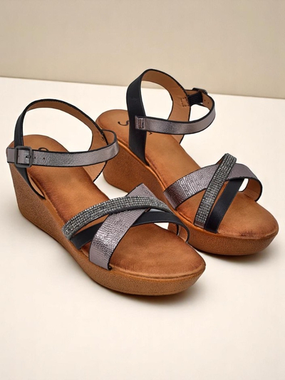 Royalfashion Damen-Wedgesandalen mit Strasssteinen und Glitzer Glittera