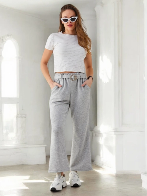 Royalfashion Широкі жіночі тканинні штани з декоративним поясом