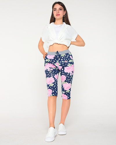 Marineblaue 3/4-Shorts für Damen mit rosa Blumen - Kleidung